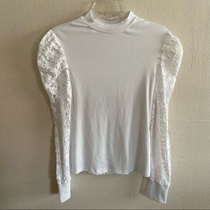 Contrast Lace Puff Sleeve Mock Neck Tee